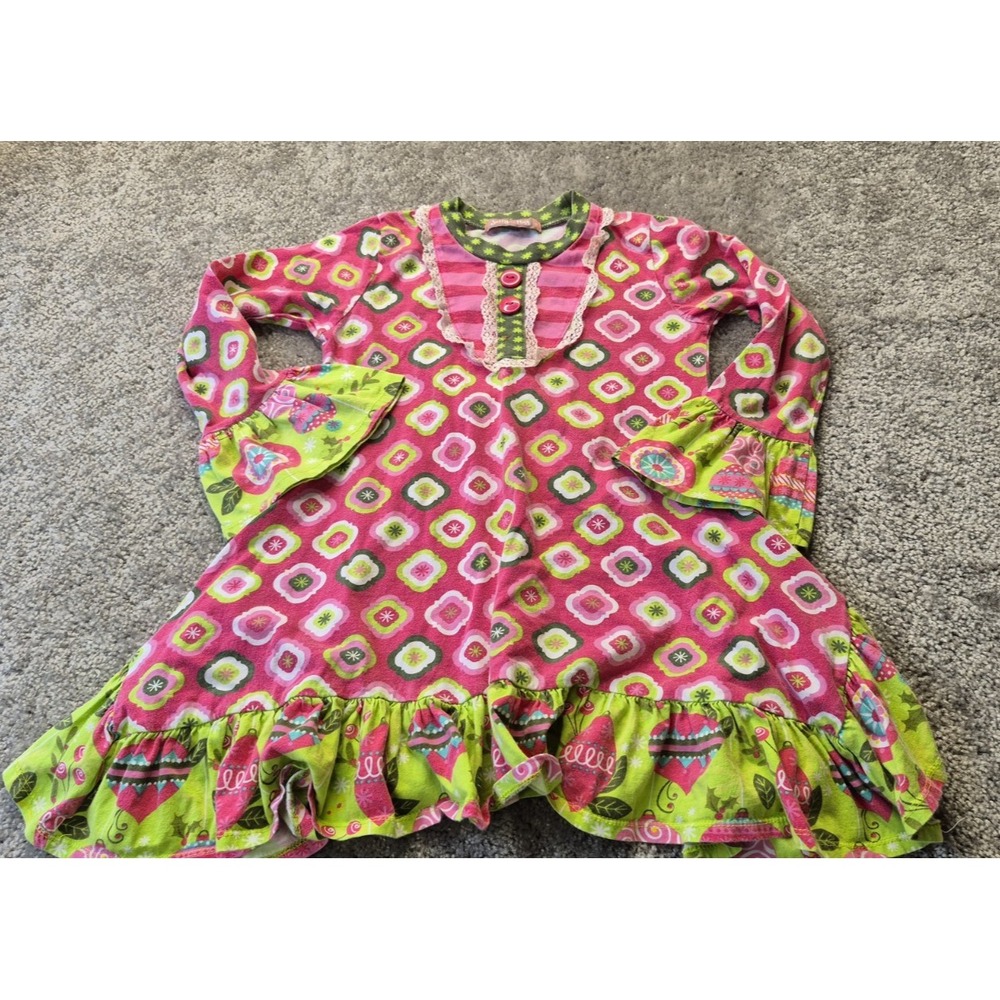 JELLY THE PUG Becca‎ Dress Christmas Jingle Jells Ruffle Green Red Pink Geo Sz 8